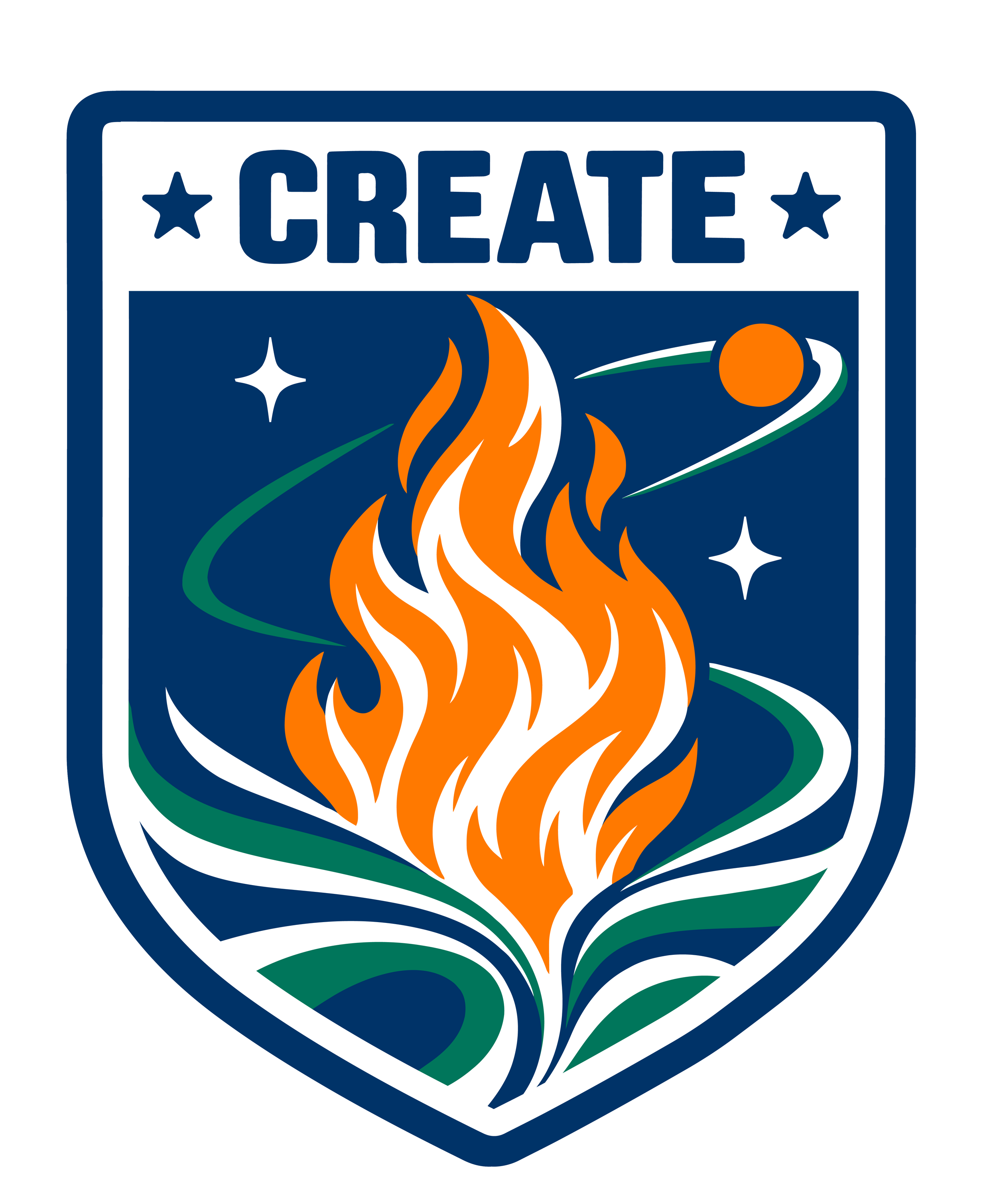 CREATE logo featuring an orange-and-white flame, stars, and orbiting planet graphic in a navy blue shield