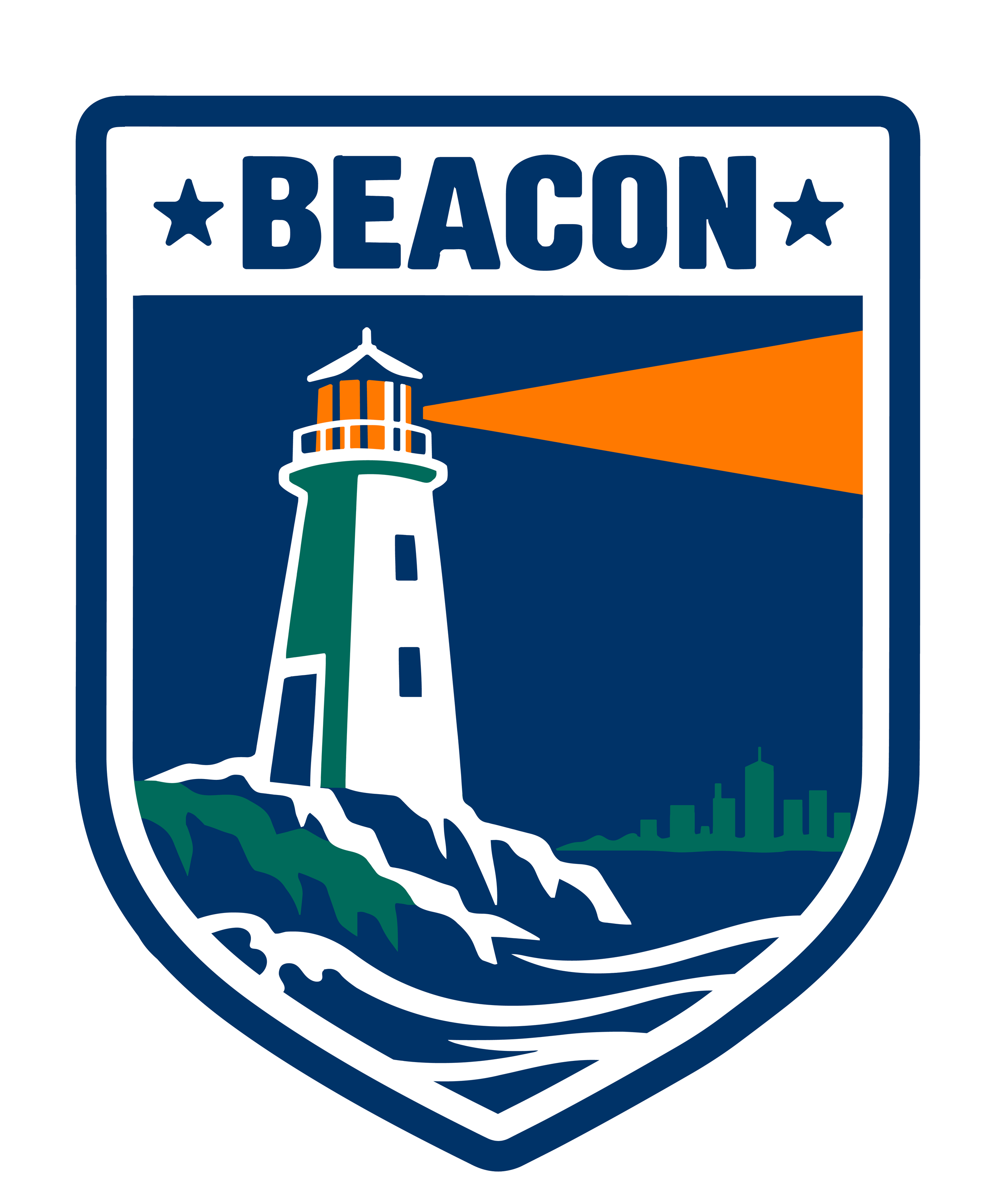 BEACON logo featuring a lighthouse with an orange beam, stars, ocean waves, mountains, and a city skyline