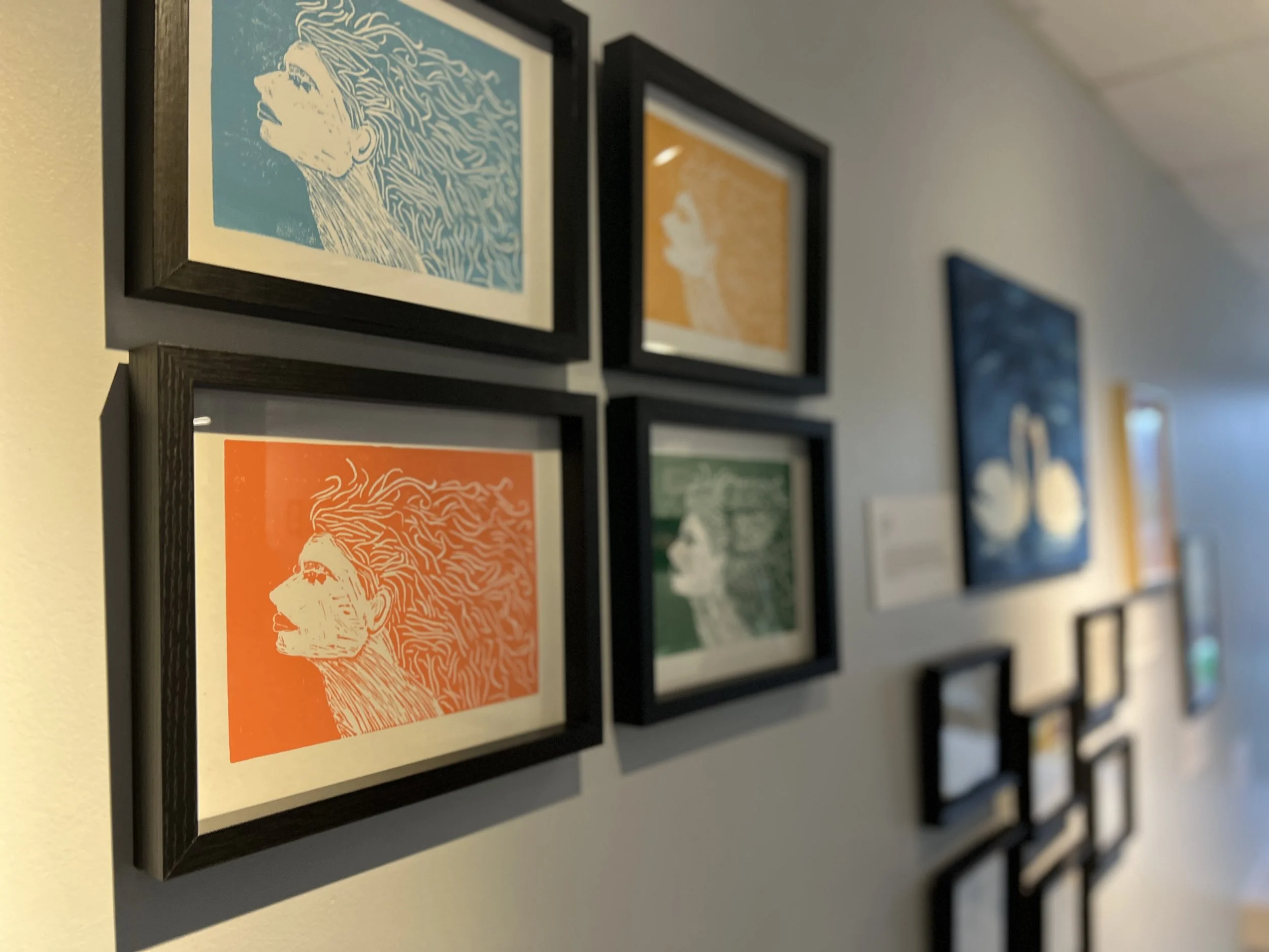 Gallery wall displaying colorful framed portrait prints in a hallway