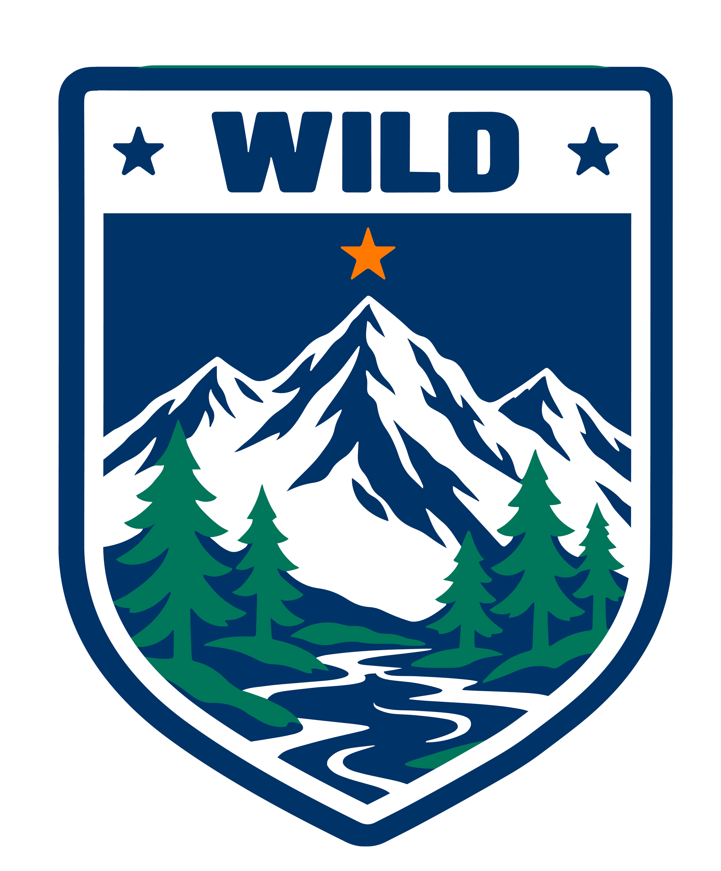 Stylized wildlife emblem featuring the word WILD, stars, snow-capped mountains, evergreen trees, and a winding river.