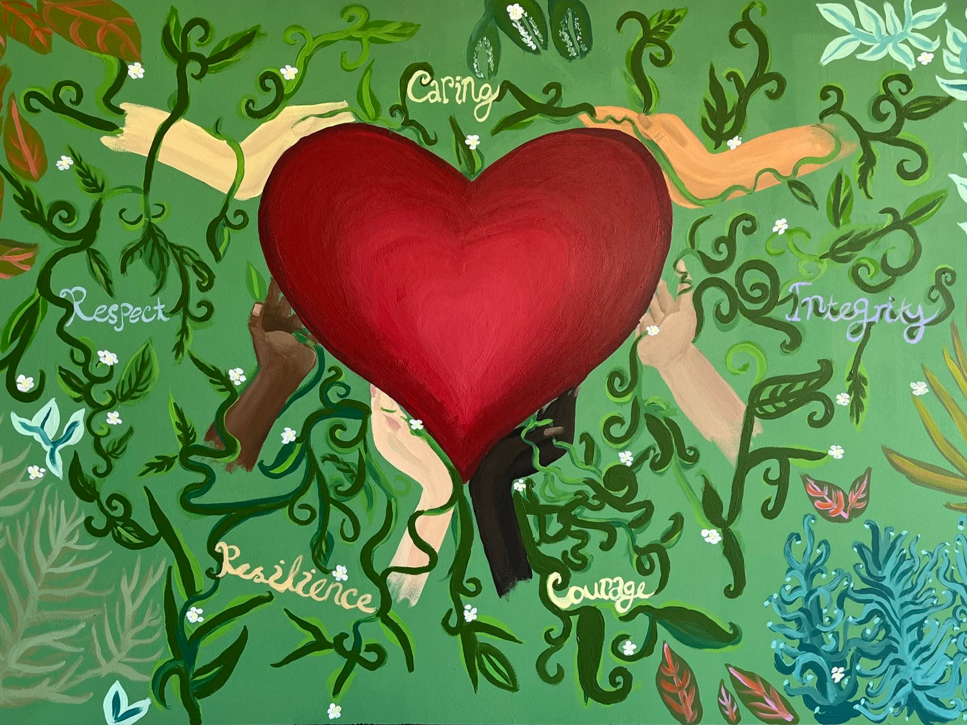 Colorful painting of a large red heart surrounded by green vines, flowers, and words including caring, respect, integrity, resilience, and courage.