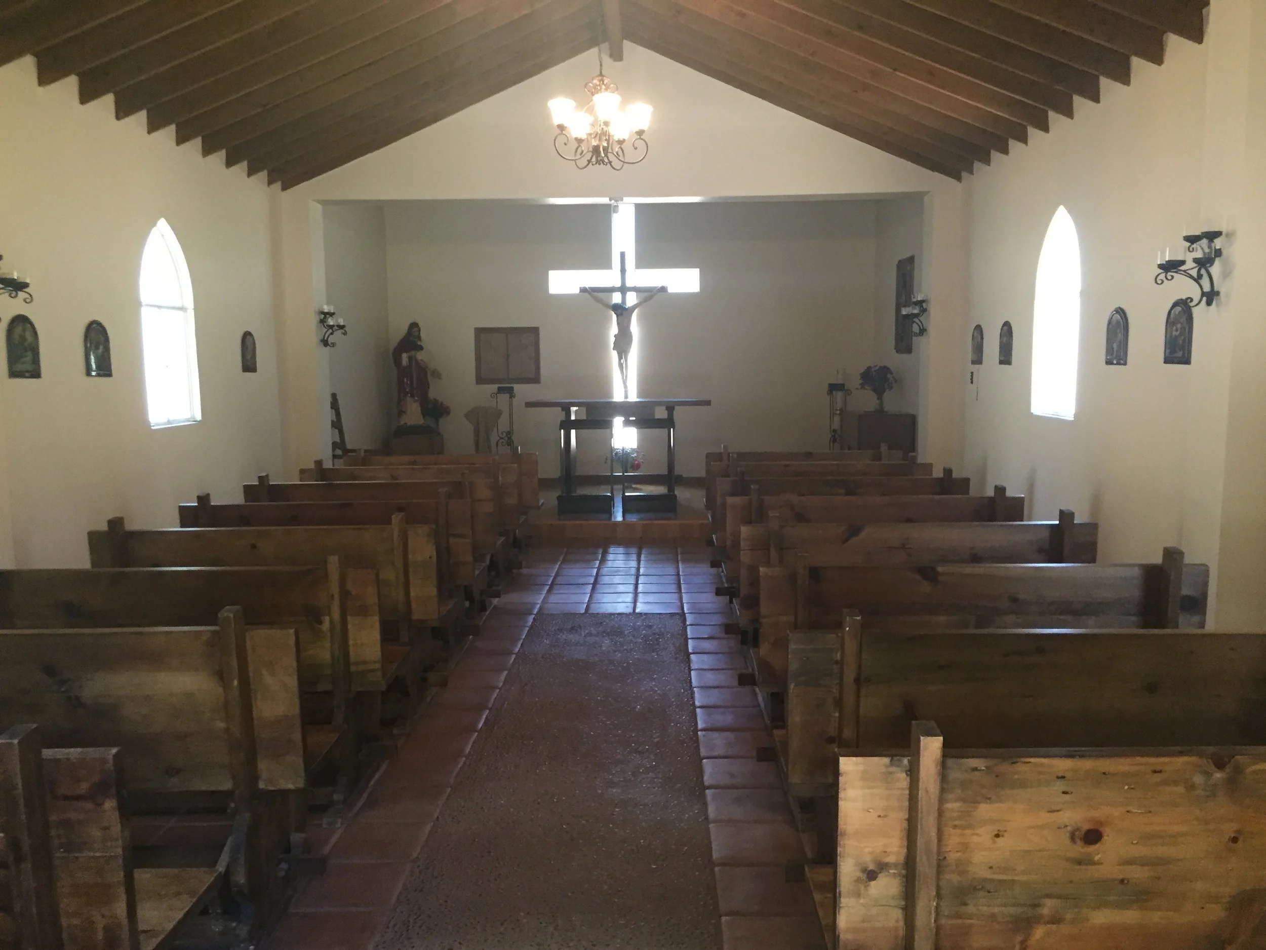 Interior of the private chapel at Baja Vineyard Lodge, nestled among the oak trees in Valle de Guadalupe.