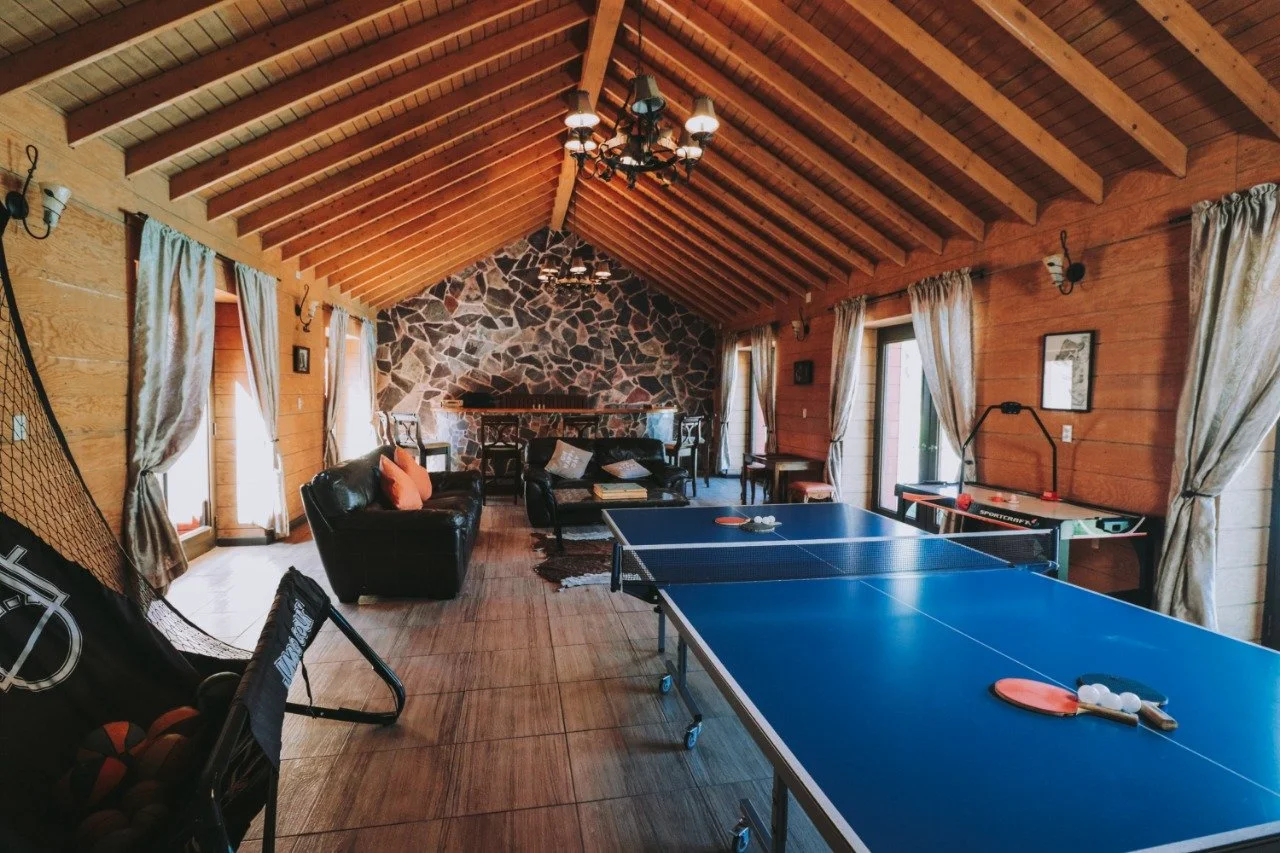 A spacious entertainment room with a wooden vaulted ceiling, featuring a ping-pong table, sofa seating area, and large doors opening to the garden.