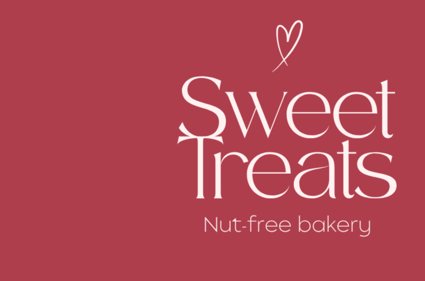 Logo for Sweet Treats, a nut-free bakery, with a heart above the text on a maroon background.