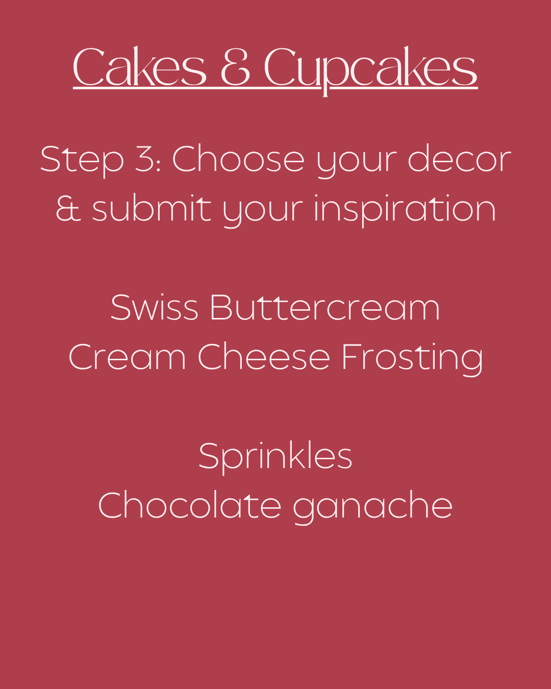 Cake and cupcake decor instructions including options for Swiss buttercream or cream cheese frosting and decorations including sprinkles and chocolate ganache.