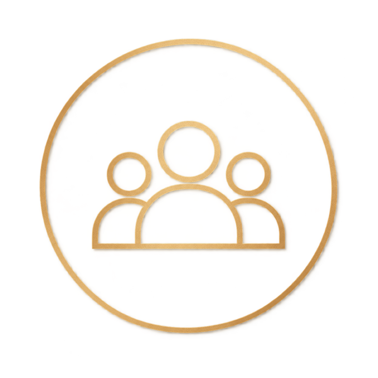 Gold-colored circular icon showing three people figures inside, representing a group or community.