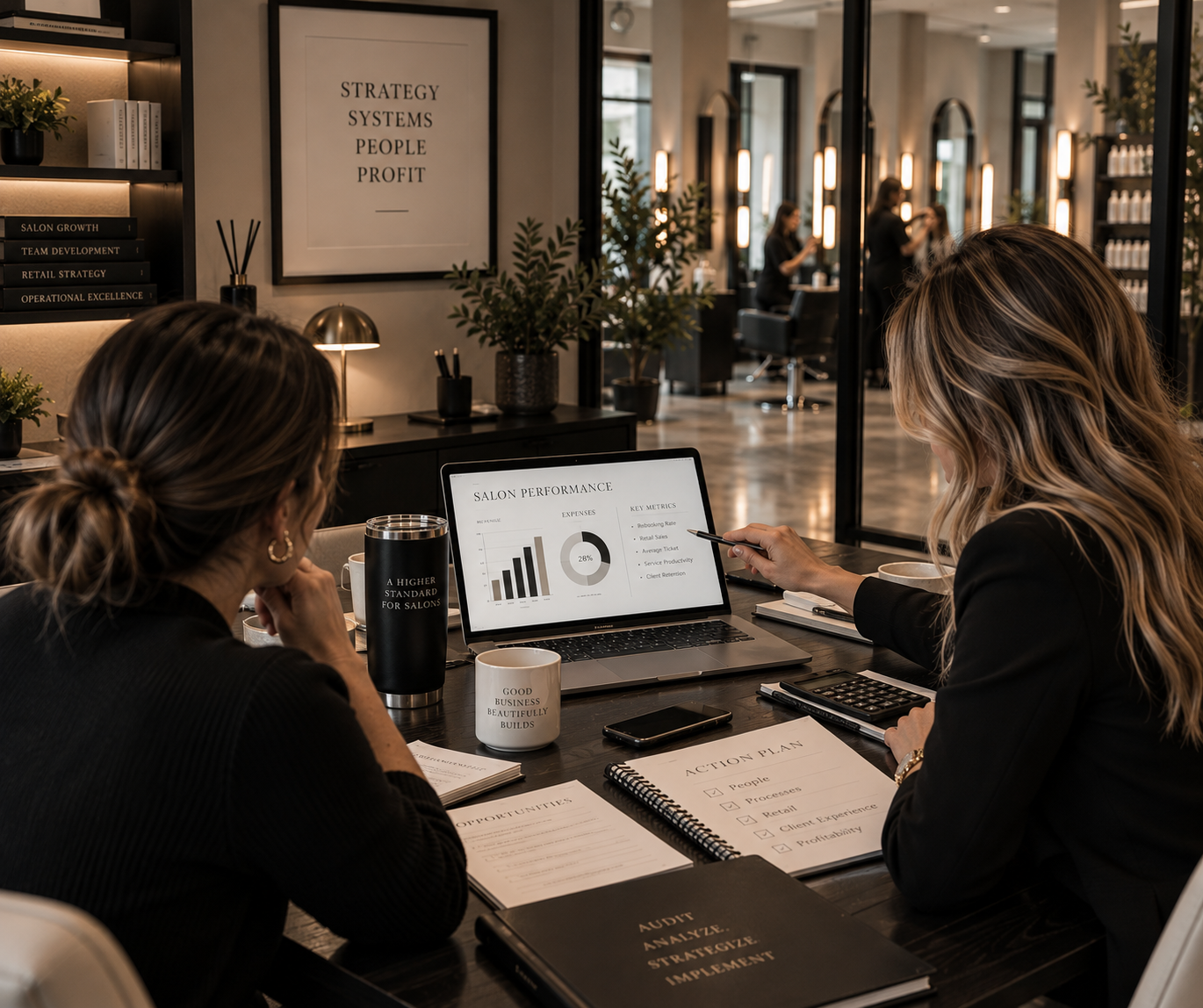Two women are working together at a desk in a modern office, examining a presentation on a laptop about salon performance. The desk has notebooks, a calculator, and coffee mugs. In the background, other employees are working at their stations in a well-lit, stylish space with framed art, plants, and shelves.