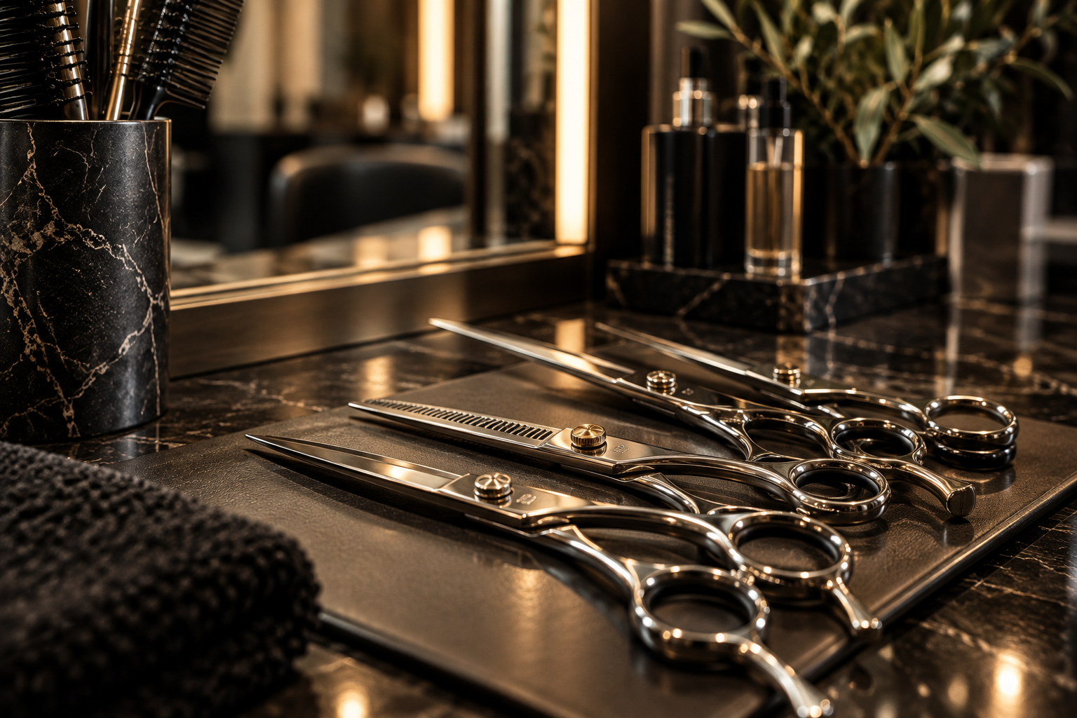 Set of professional hair cutting scissors, thinning shears, and a comb arranged on a black cutting mat on a dark marble countertop in a salon.