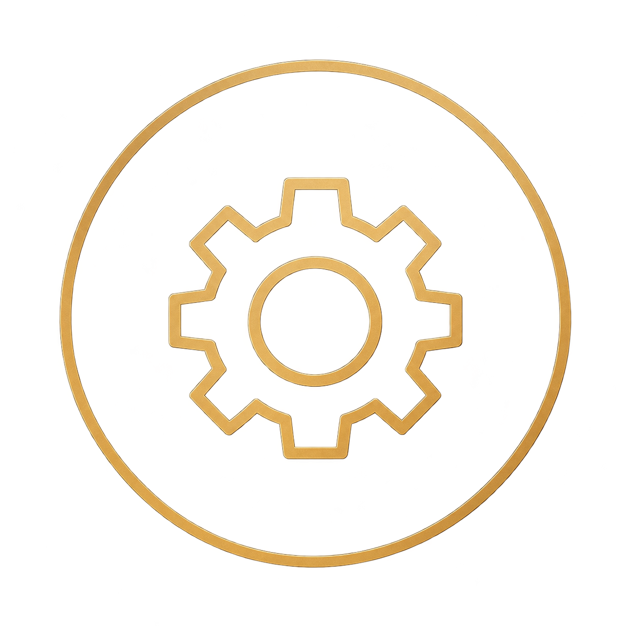 A gold gear icon inside a gold circle, symbolizing settings or mechanics.