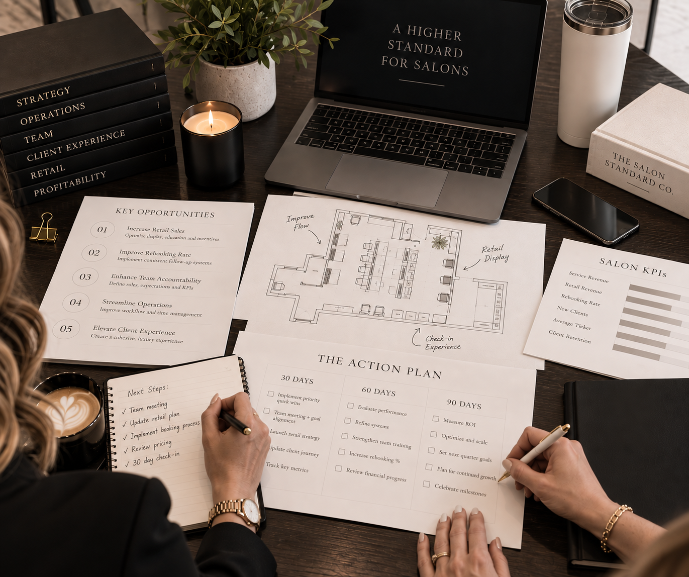 A workspace with documents, a laptop displaying 'A HIGHER STANDARD FOR SALONS,' a smartphone, a white insulated tumbler, a potted plant, candles, and stacked black books. The documents include a floor plan, strategy plan, key opportunities, and KPI charts, with two people taking notes.