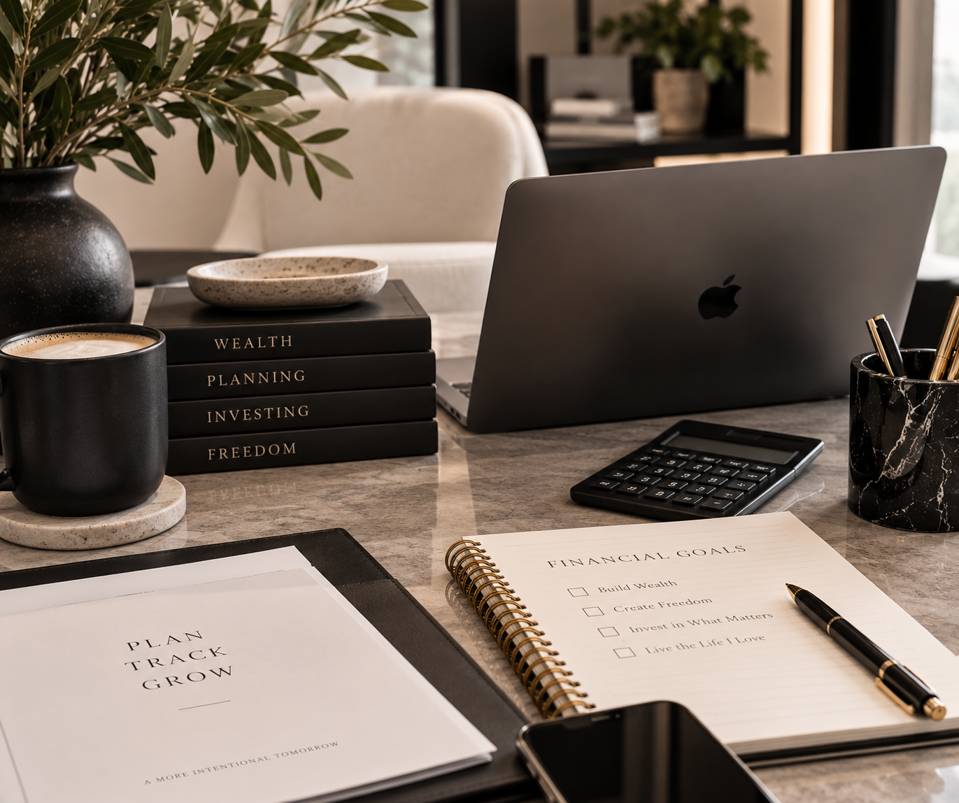 A workspace with a laptop, black coffee mug, variety of notebooks including financial goals list, a calculator, a pen, potted plants, and a marble mug holder on a marble desk