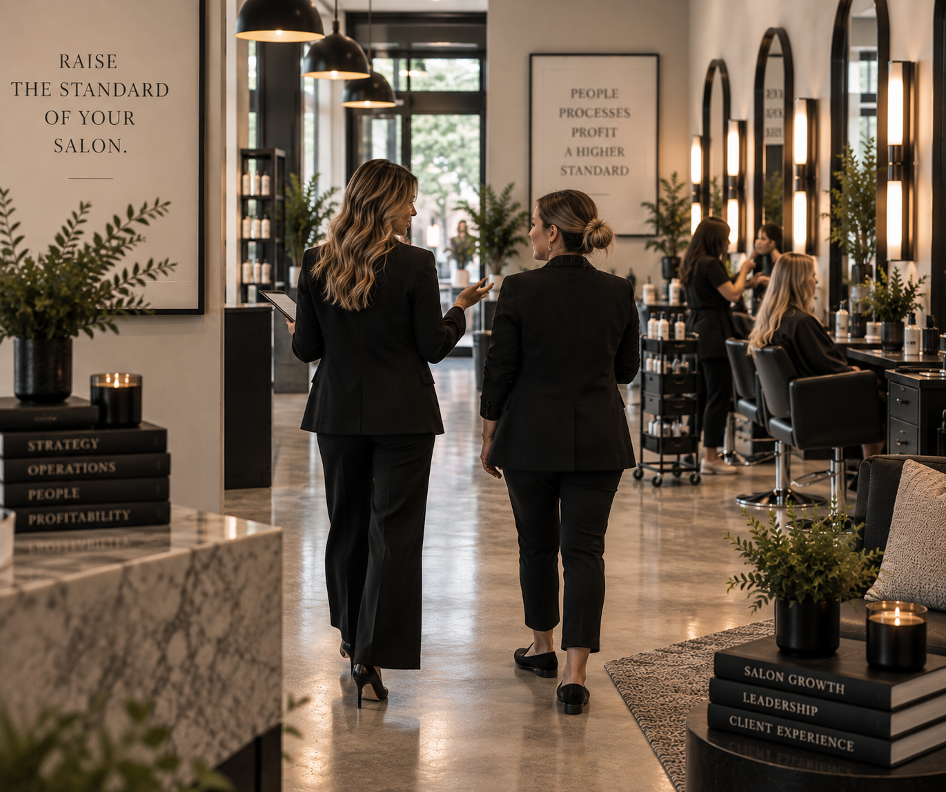 Two women in black suits walking and talking in a modern hair salon with hairstylists working on clients. The salon has large windows, framed quotes on the walls, and greenery. Shelves with hair products are visible.