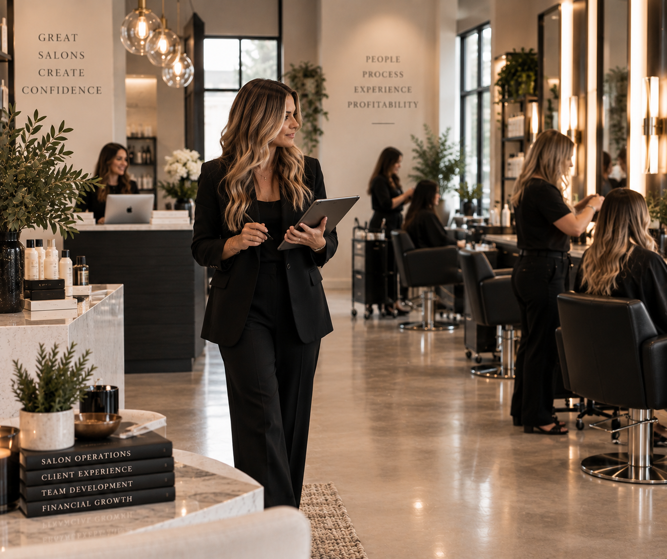 A woman in business attire holding a tablet at a salon with clients and hairstylists working in the background.