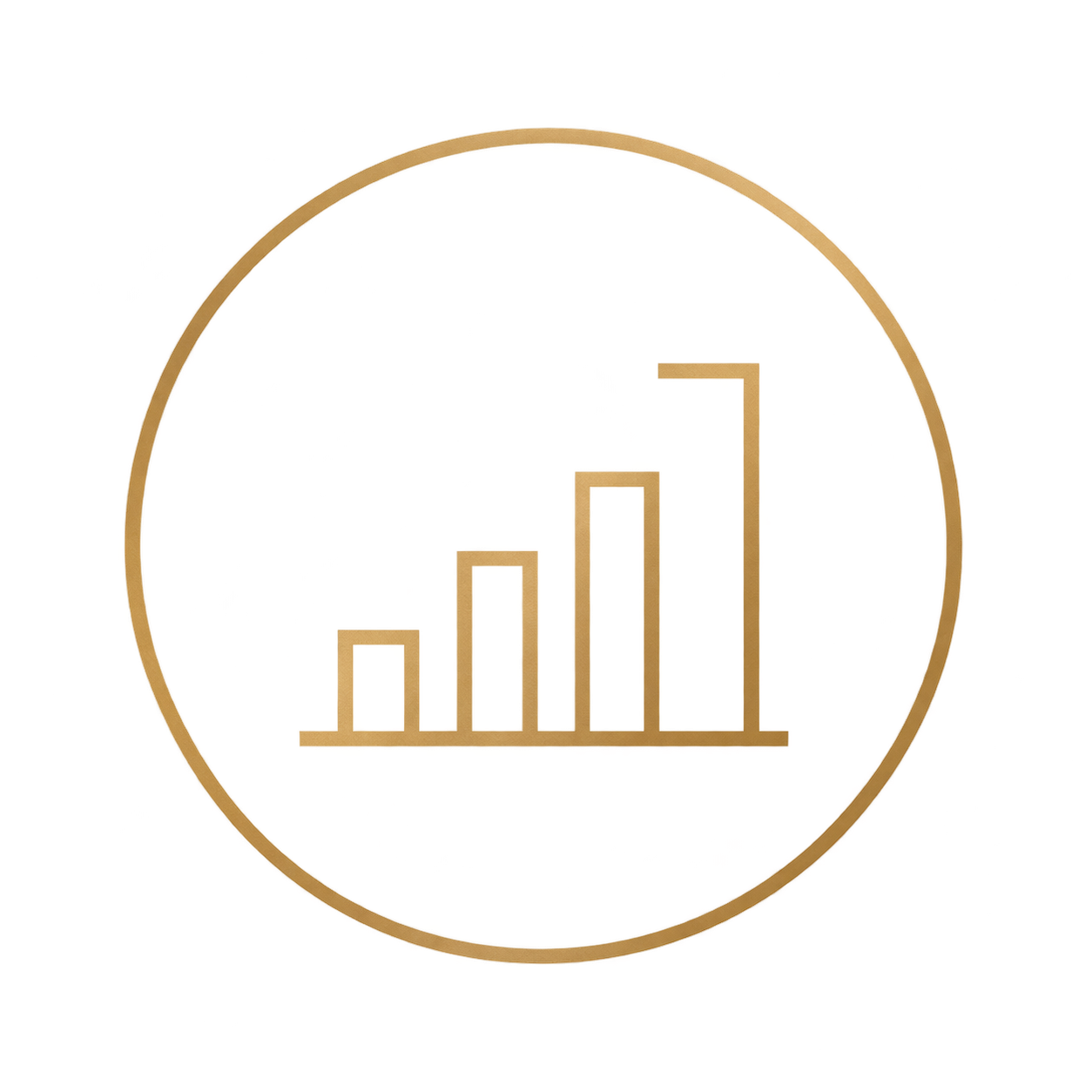 A 3D bar graph within a magnifying glass illustration, showing five vertical bars of increasing height in red, orange, white, light green, and dark green colors.