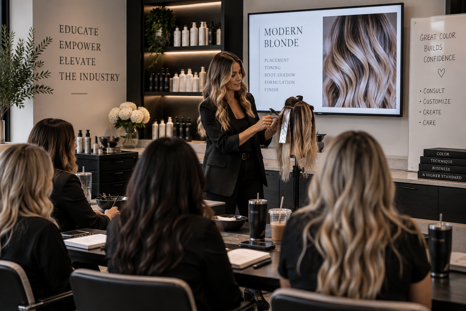 A beauty training class in a modern salon classroom, where an instructor demonstrates hair coloring techniques on a mannequin head to a group of women students, with presentation slides showing hair color options and techniques.