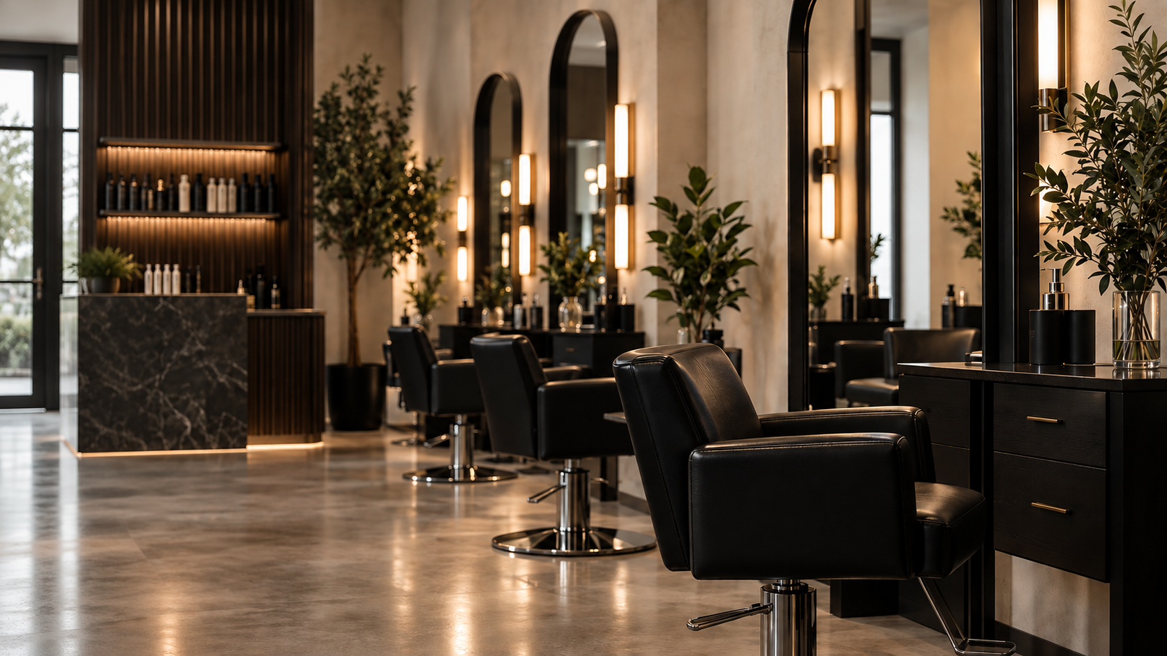 Modern salon interior with black salon chairs, large mirrors, wooden floors, potted plants, and warm lighting.