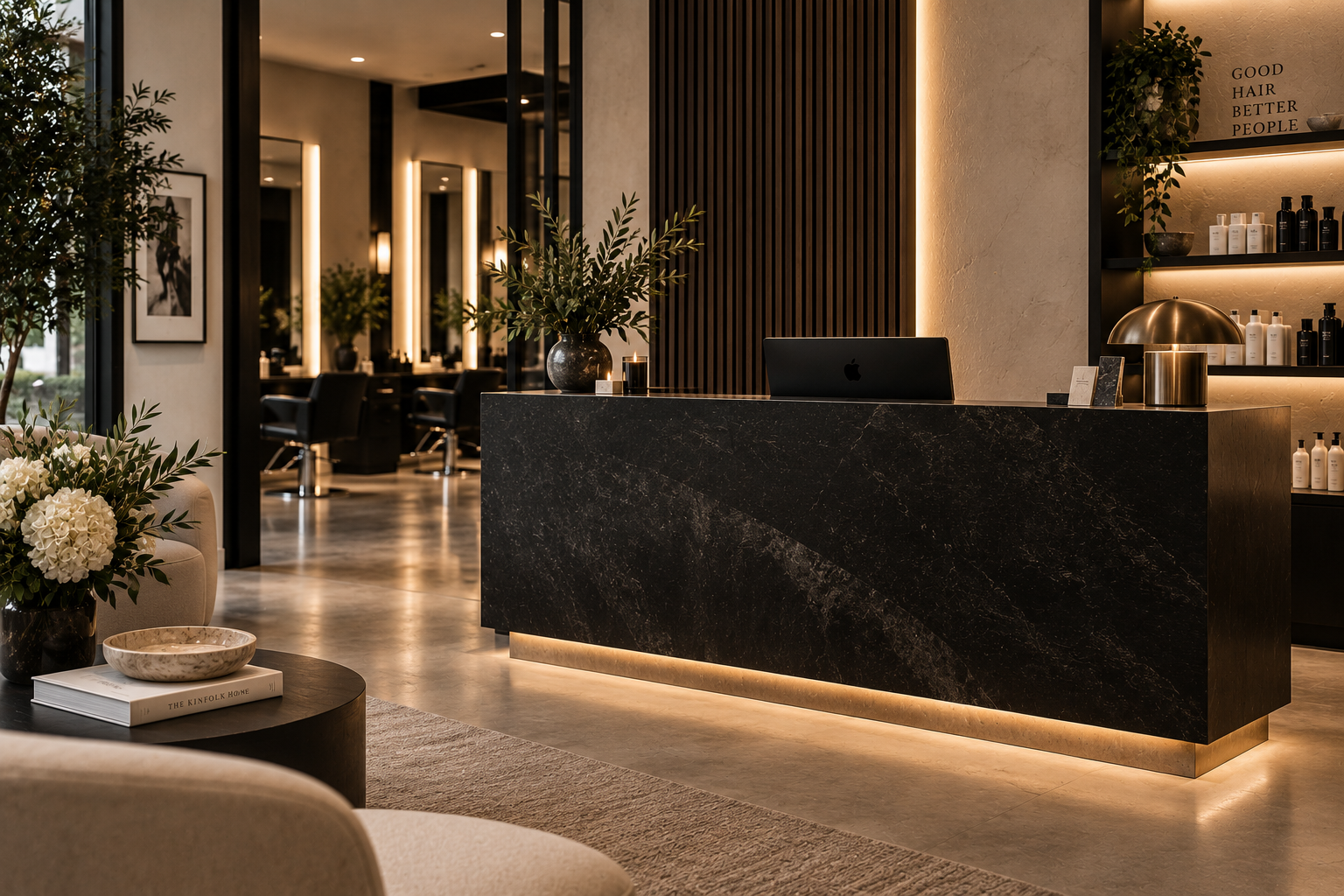 Modern salon reception area with black marble counter, a computer, gold lamp, large flowers, and salon chairs in the background.