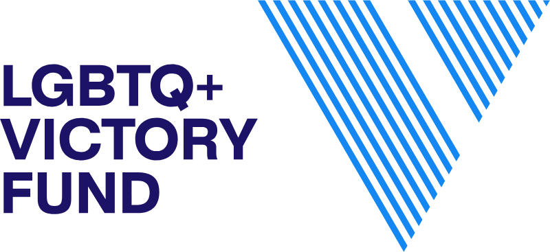 LGBTQ+ Victory Fund logo with blue diagonal striped design in the top right corner.