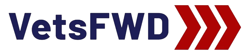 Logo with text 'Vets FWD' in navy blue and red arrows pointing to the right.