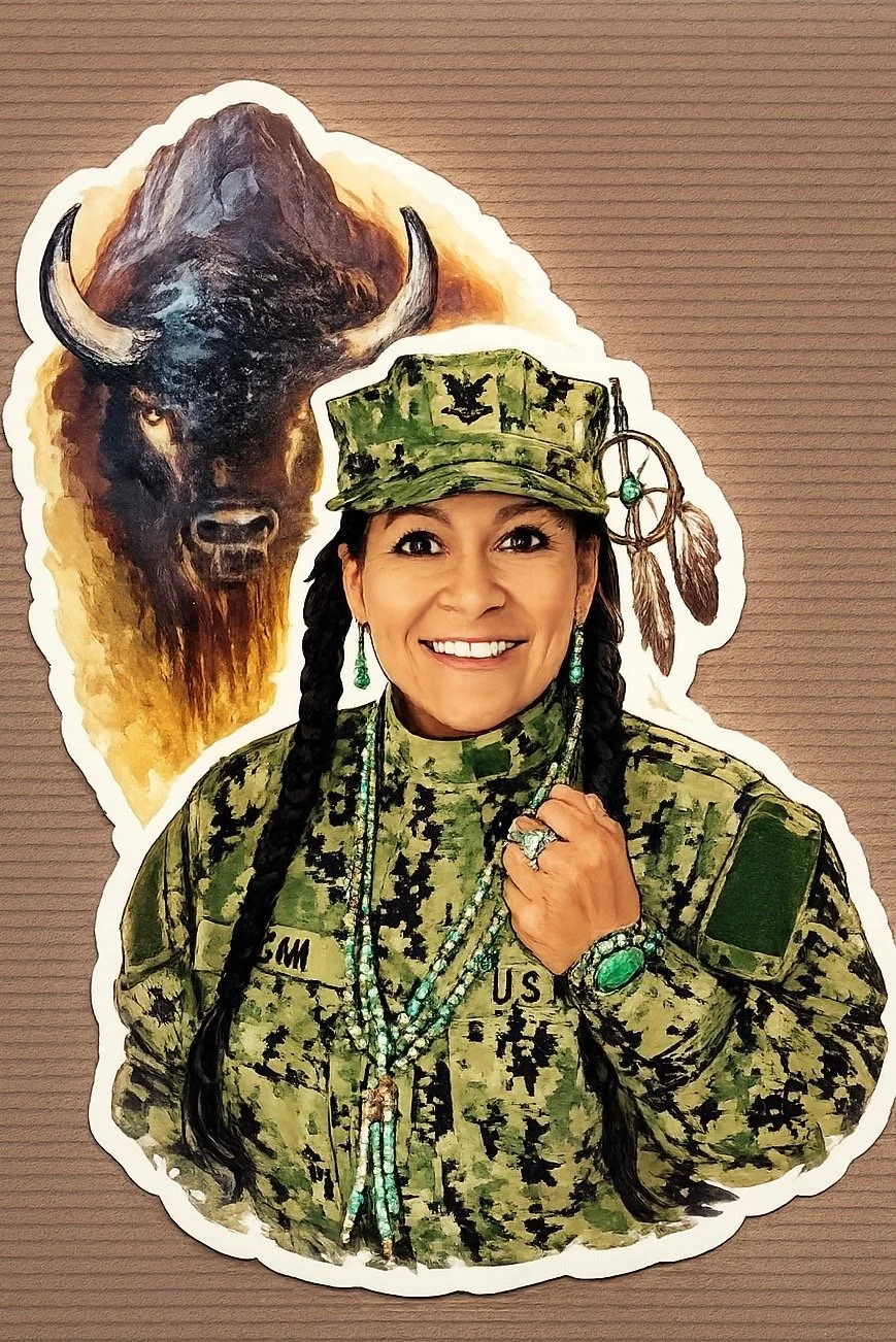 A woman in U.S. military camouflage uniform with long braided hair, wearing jewelry, smiling, and standing in front of a painted buffalo head.