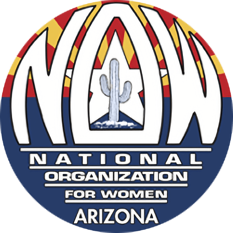 A circular logo for the Arizona chapter of the National Organization for Women, featuring a cactus in the center, with the words 'NOW' in large letters and the organization's name and location below.