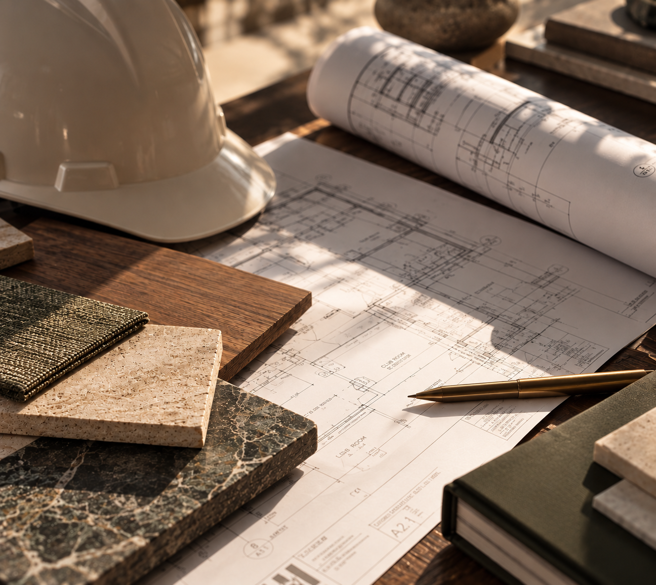 Construction blueprint, a white safety helmet, a gold pen, and sample tiles on a wooden table.
