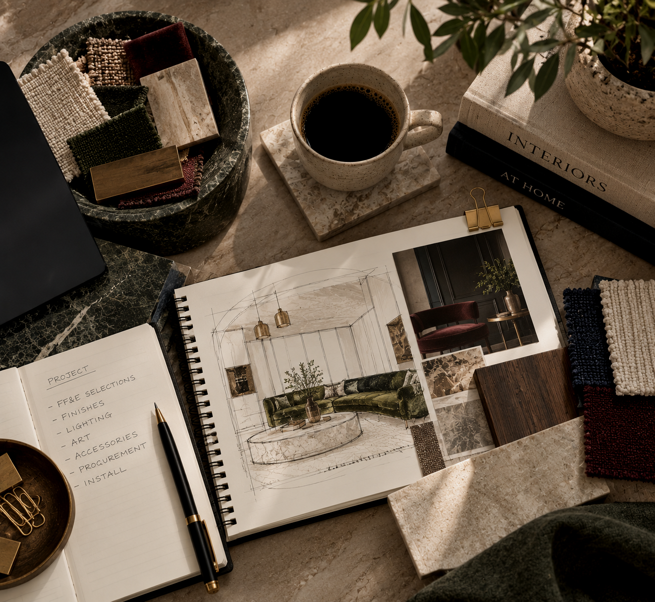 A workspace featuring interior design sketches, fabric swatches, a notebook with project notes, a cup of coffee, and books about interior design and home interiors.