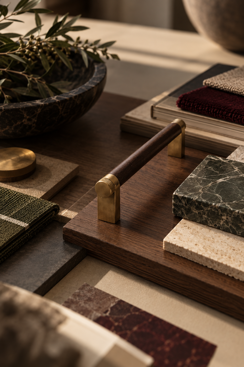 Close-up of a table display featuring various fabric samples, marble tiles, a wooden handle, a bowl with greenery, and sample books.