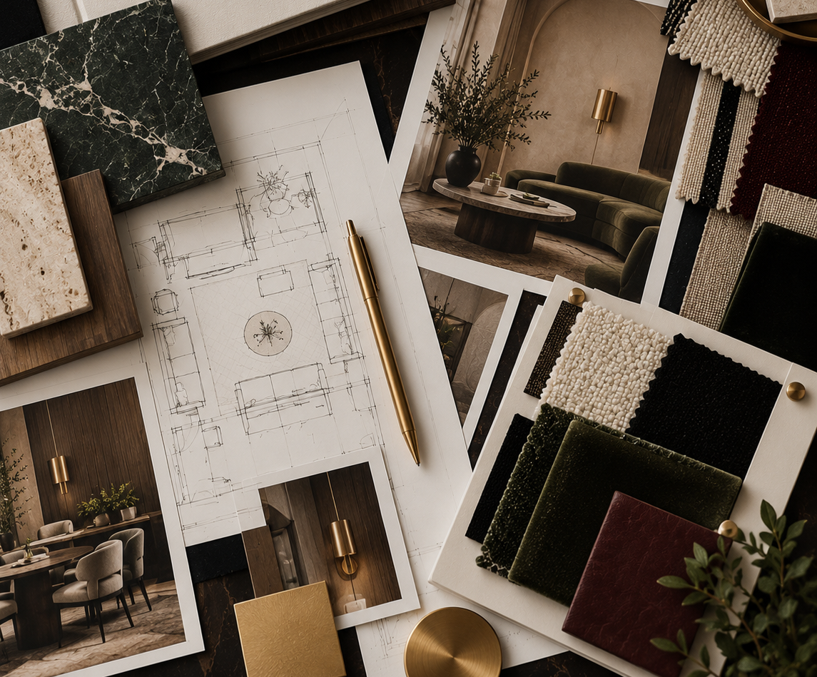 Interior design planning with fabric swatches, material samples, printed photos of a living room, and a floor plan drawing.