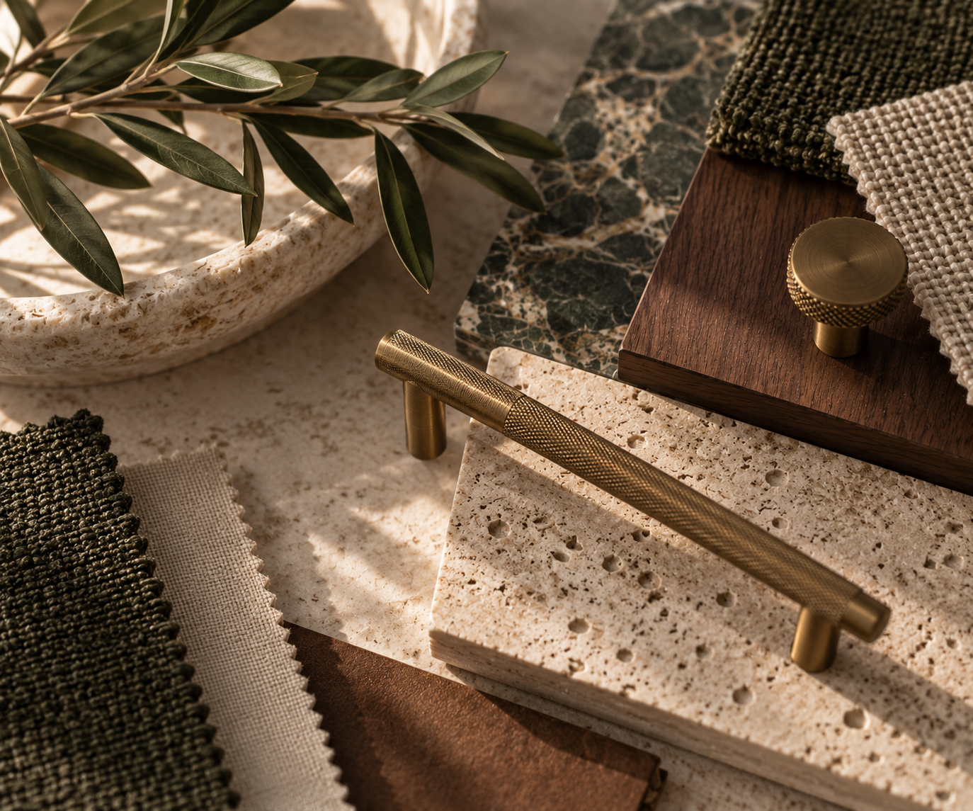 A collection of interior design materials including fabric swatches, marble and wood samples, and decorative elements such as brass handles and a plant in a terrazzo pot.