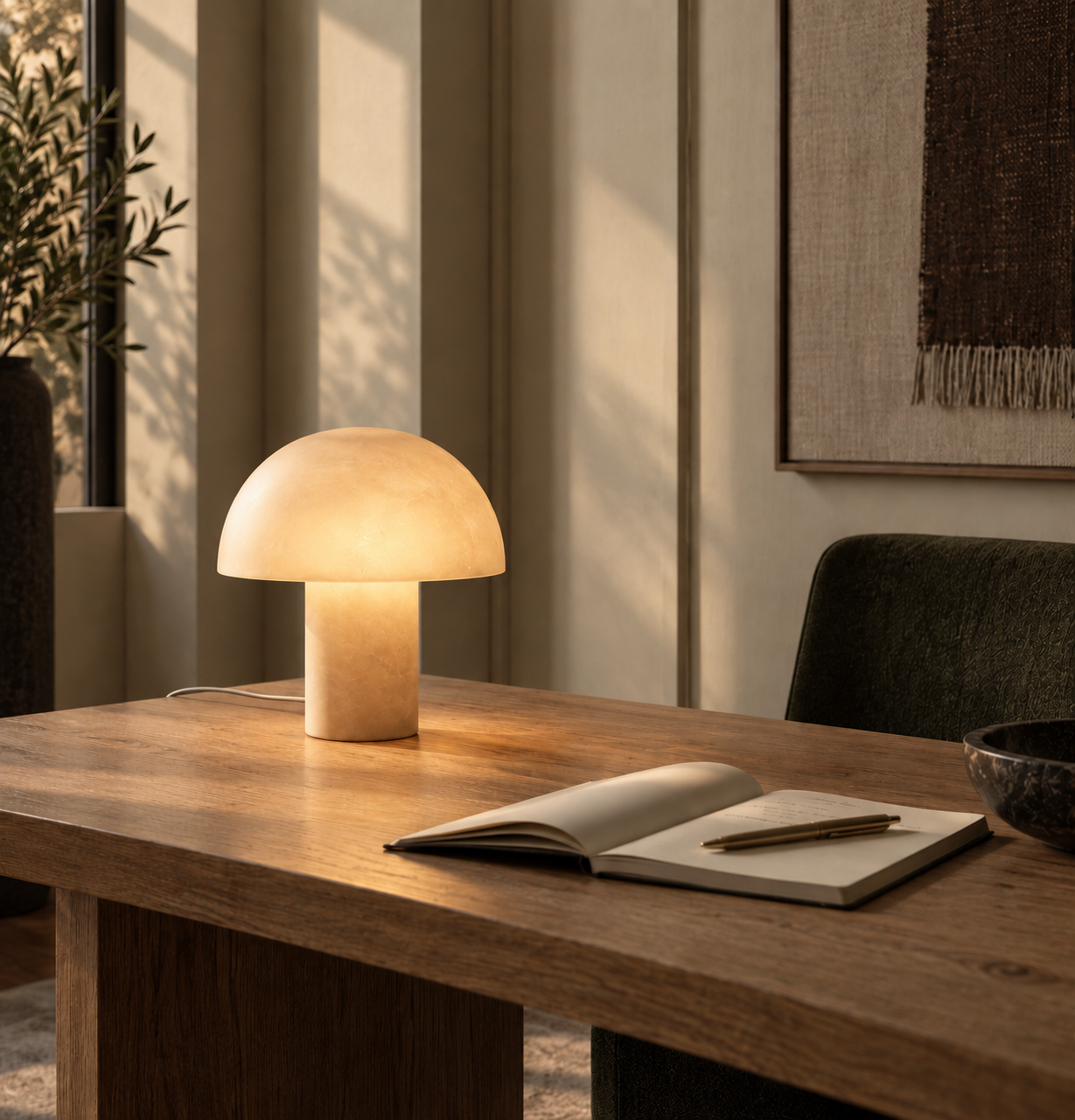 A warm-toned table lamp on a wooden table with an open notebook and pen, in a cozy room with soft lighting and wall art.