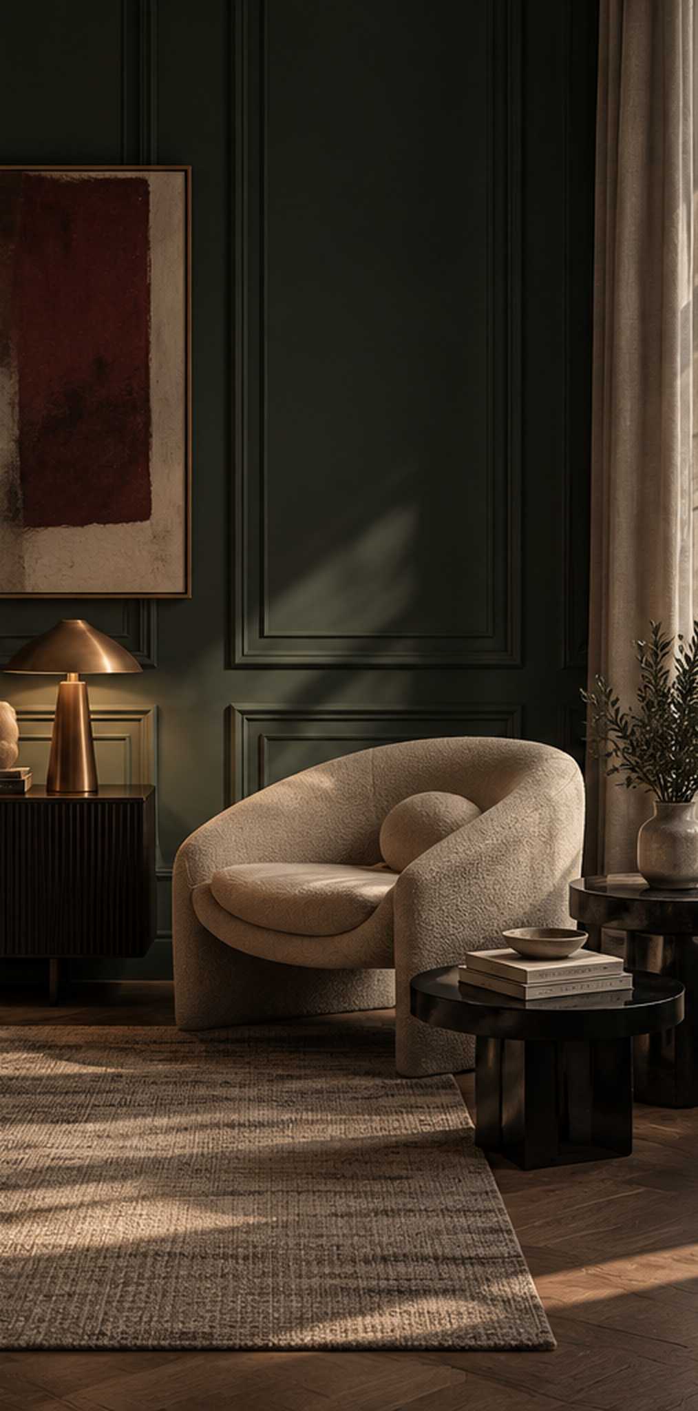 A cozy living room corner with a beige textured armchair, a round cushion, a dark side table with a stack of books and a bowl, a black round coffee table with a vase of greenery, a gold table lamp, a large abstract artwork with red and beige tones on a dark green paneled wall, and a window with beige curtains letting in soft natural light.