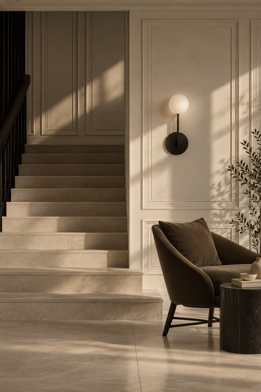 Interior of a modern home with stairs, a wall-mounted lamp, a brown velvet armchair, a small black marble table, a potted plant, and soft sunlight casting shadows.