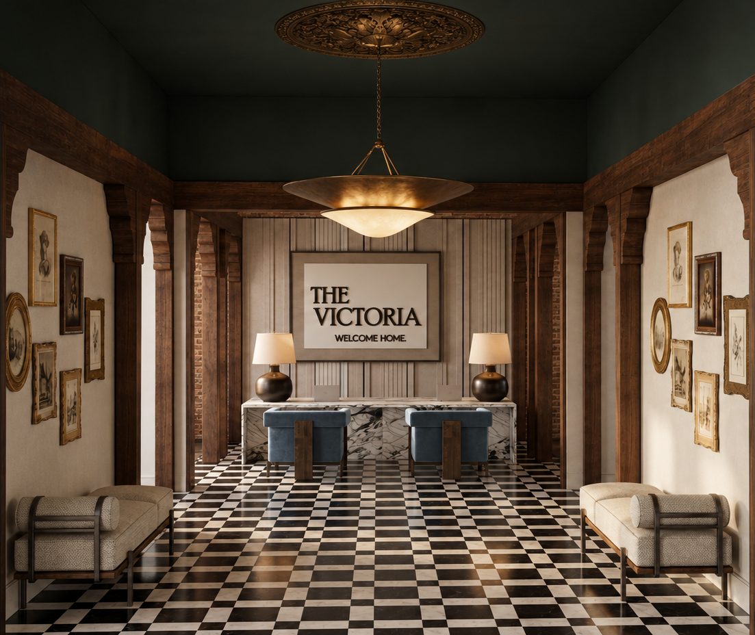 Luxury multifamily lobby at The Victoria featuring checkerboard flooring, rich wood detailing, a marble reception desk, vintage artwork, and dramatic statement lighting.