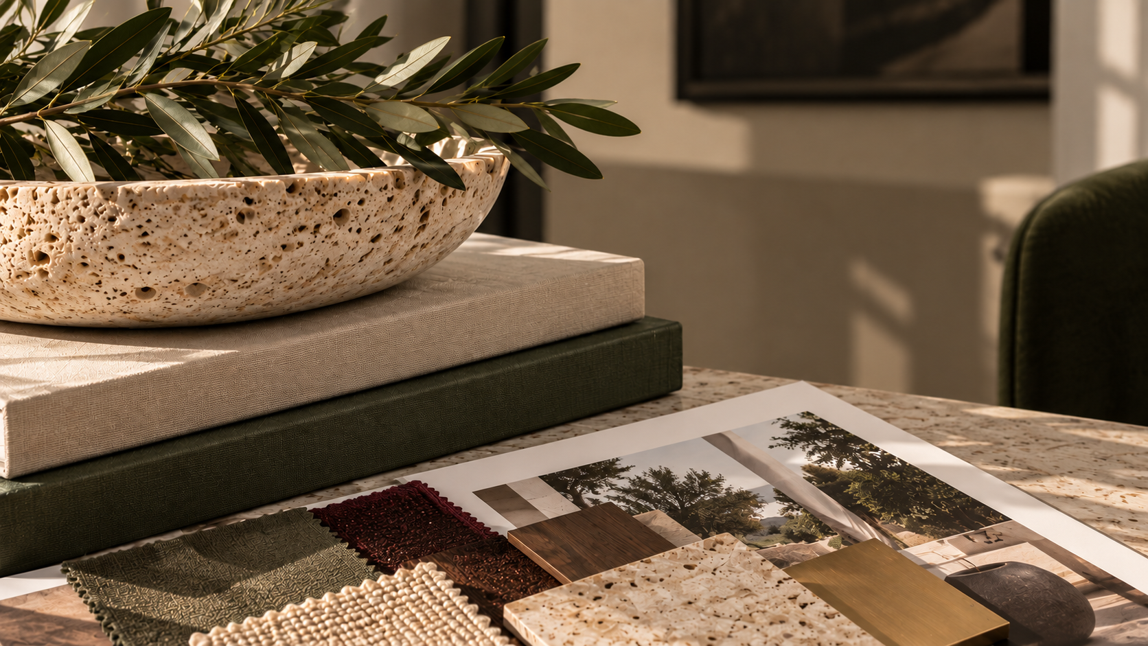 A decor tabletop with a large, porous, beige stone bowl filled with green leafy branches, stacked hardcover books, and sample fabric swatches, with design photos and natural light casting shadows in the background.