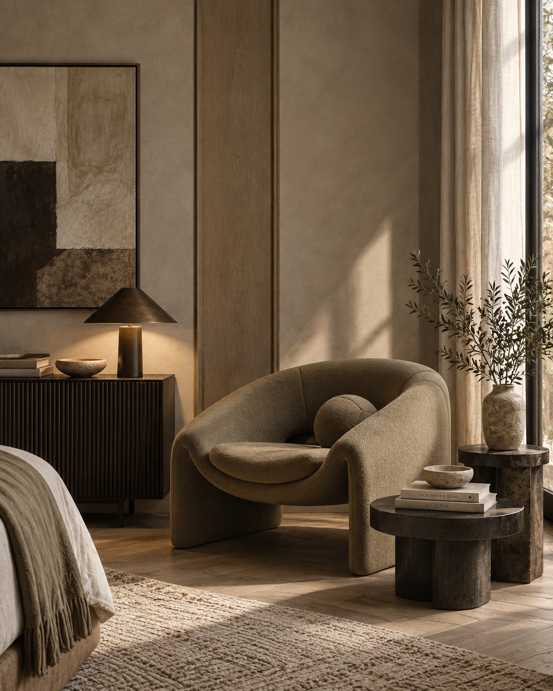 Living room with modern beige armchair, black side table with potted plant, stack of books, and decorative bowl, beige curtains, and warm lighting.