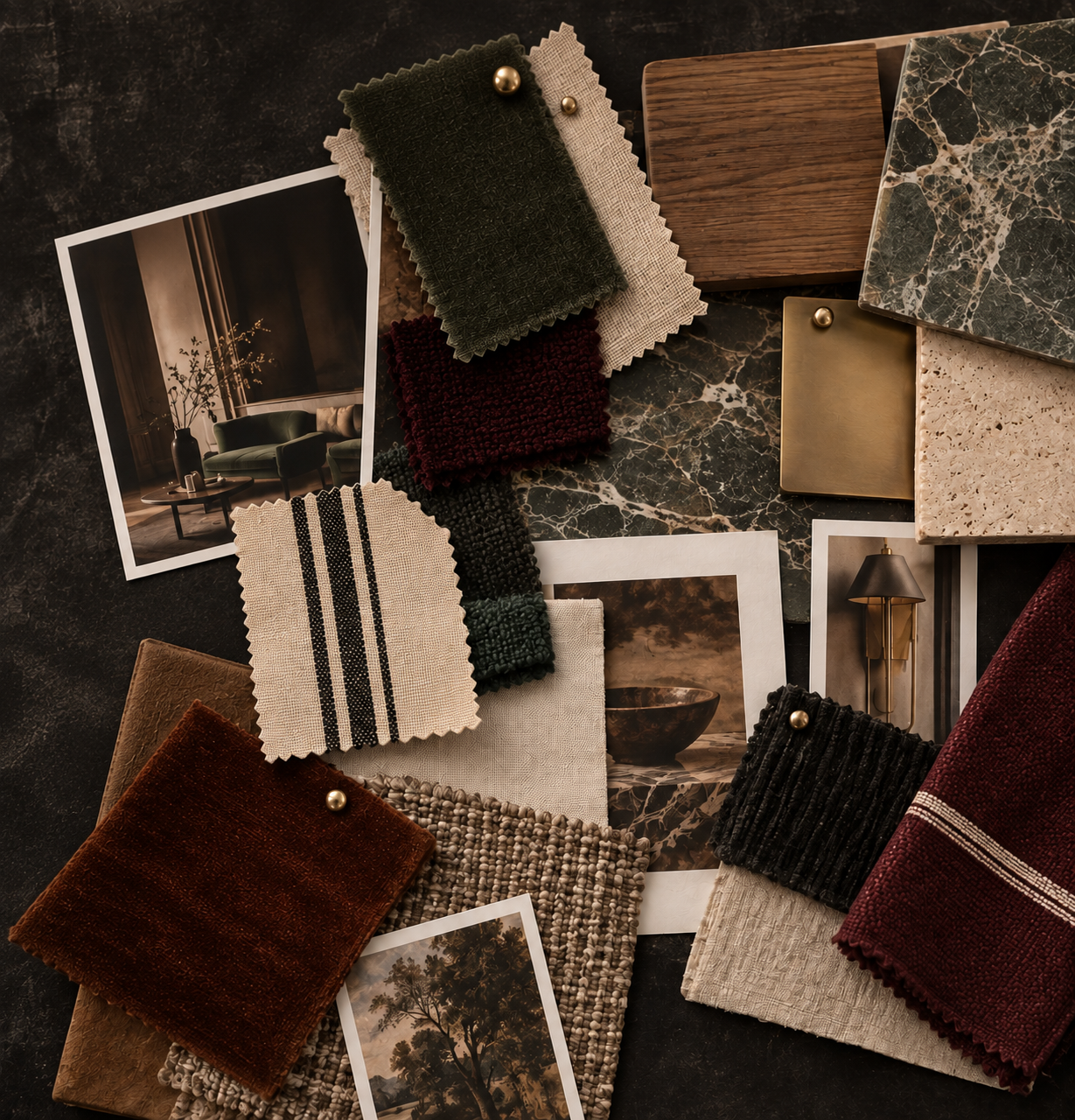 Interior design mood board with fabric swatches, material samples, and inspirational photos for a living room or lounge area.