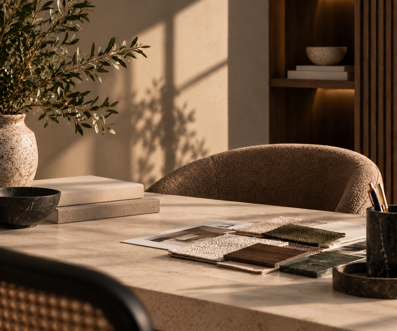 A well-lit workspace or dining area with a marble or stone table, featuring a black bowl, a large potted plant, notebooks, fabric samples, and printed materials, with a chair and a wooden cabinet in the background.