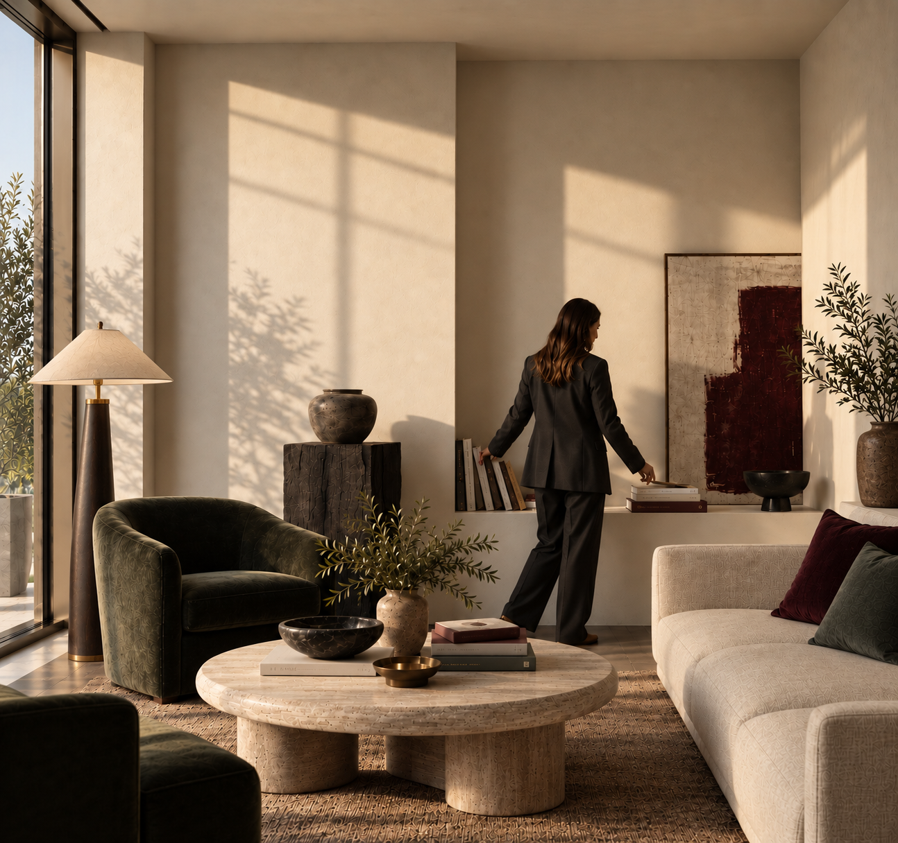 Luxury multifamily amenity lounge featuring an olive velvet chair, warm neutral furnishings, curated artwork, natural textures, and a sophisticated residential-inspired design.