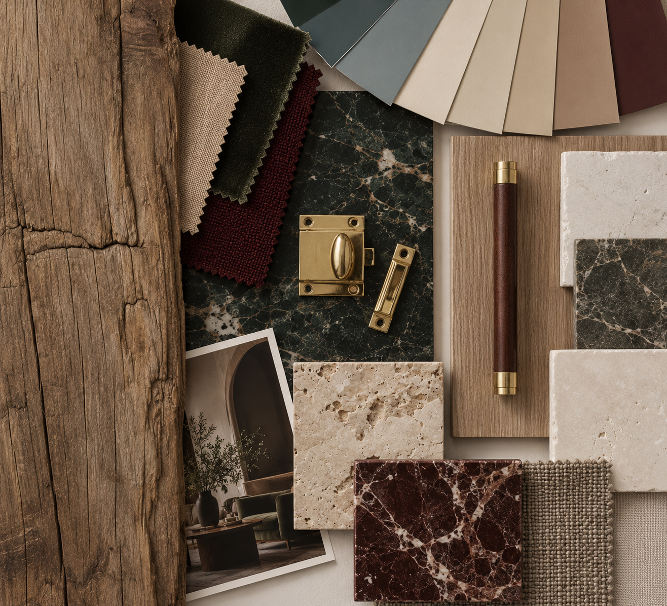 Interior design sample featuring a wooden panel, fabric swatches in various colors and textures, marble and stone tiles, a brass latch, a sample of wood, a sample of textured fabric, and a small interior photo in the bottom left corner.