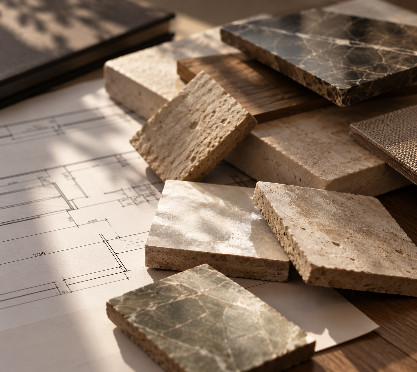 Various stone and tile samples placed on architectural plans and drawings.
