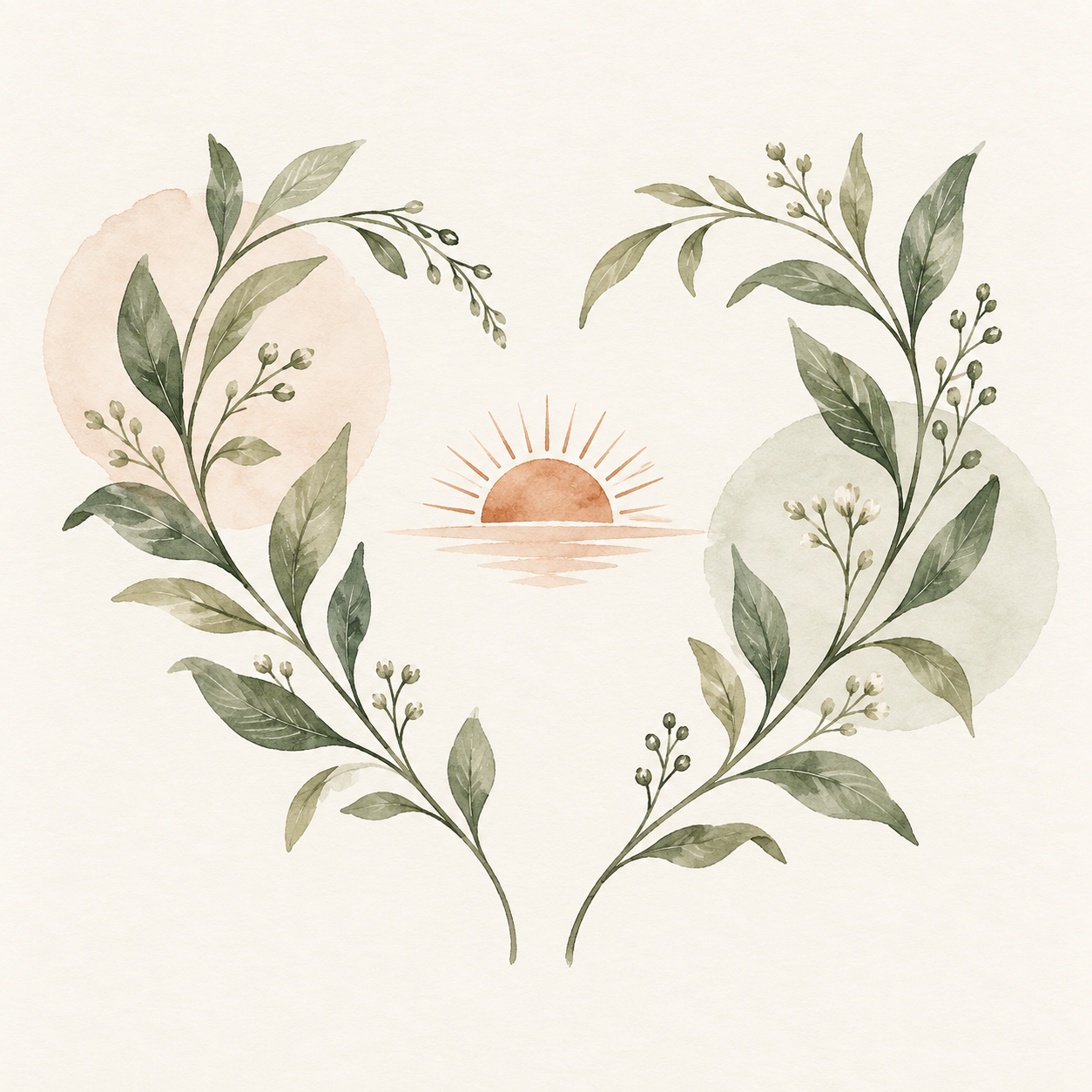 Two sage leafy branches forming a heart around a warm rising sun