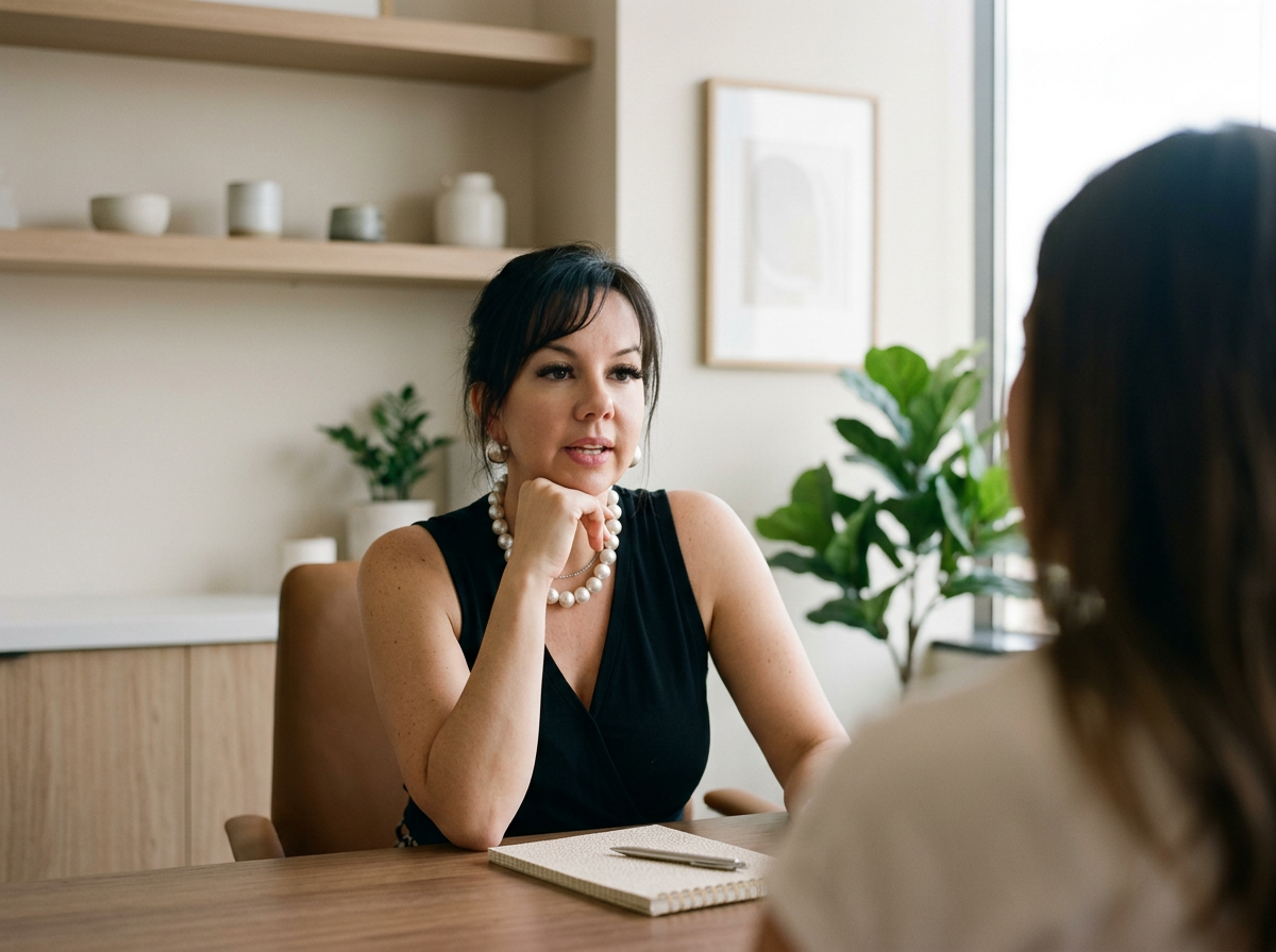 Two women talking during a counseling session in a comfortable therapy office.
