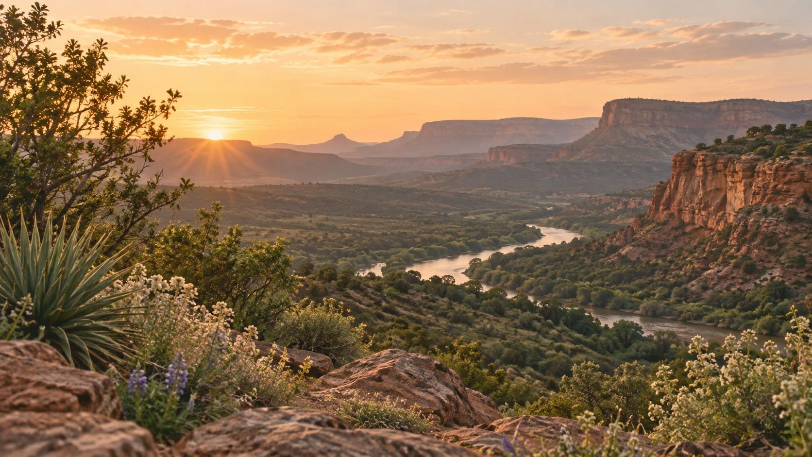 Warm sunrise across a peaceful canyon landscape