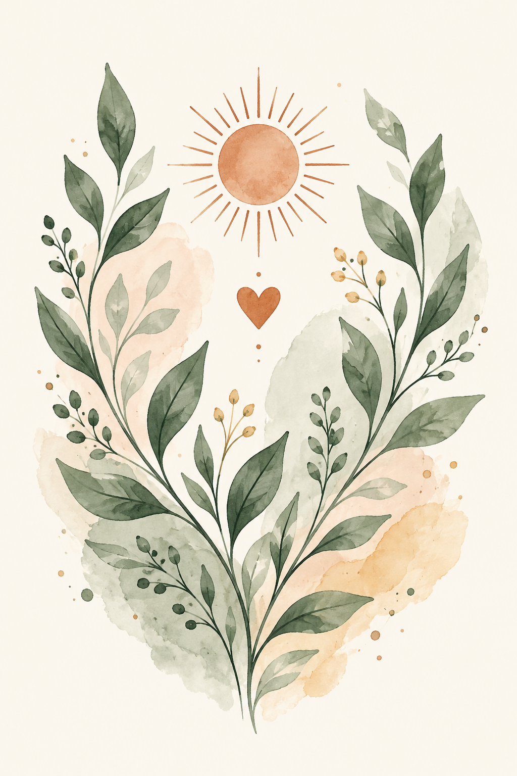 Sage watercolor leaves surrounding a warm sun and heart