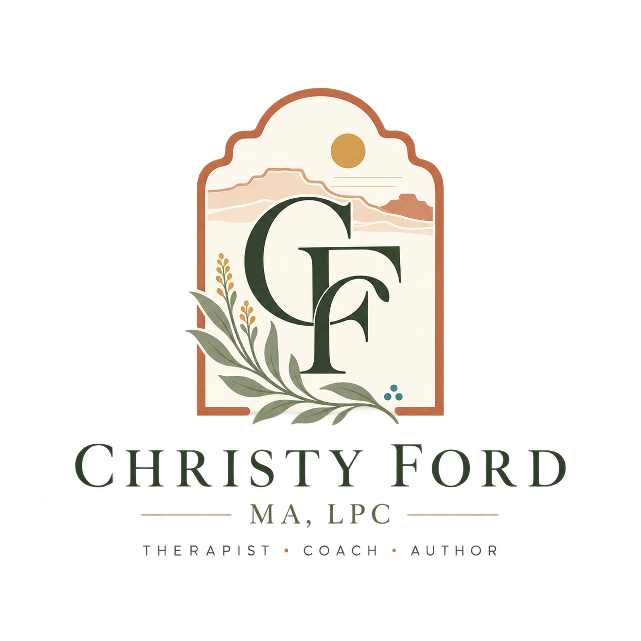 Christy Ford, MA, LPC — Therapist, Coach, Author. CF Santa Fe logo with an adobe arch, desert sun, mesas and sage foliage.