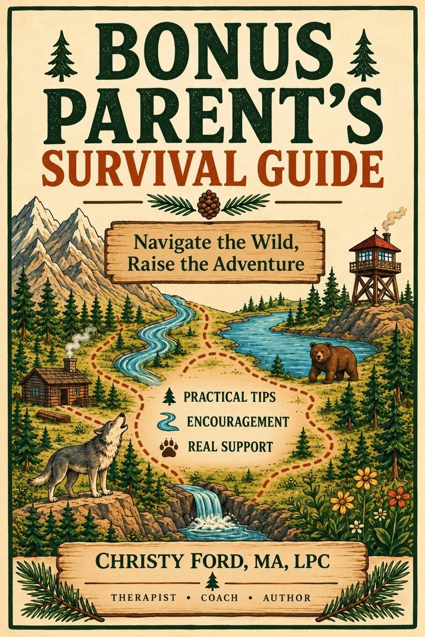 Bonus Parent’s Survival Guide by Christy Ford, MA, LPC — illustrated woodland cover with mountains, a winding trail, river, and wildlife