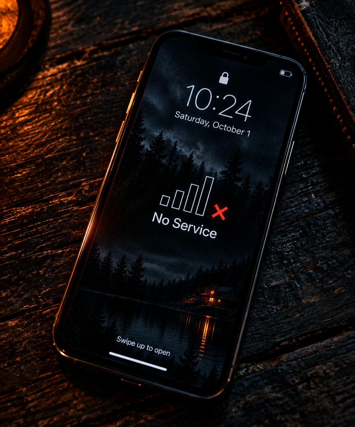 Smartphone displaying a "No Service" message with a cellular signal icon showing no bars and a red X, on a dark wooden surface.