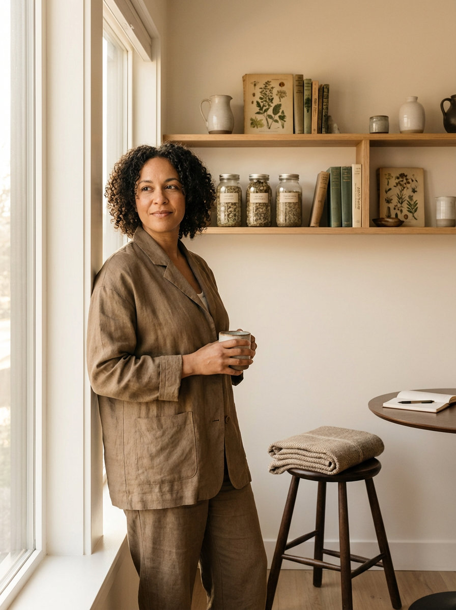 A woman with curly hair standing next to a window, holding a glass of water, in a room with minimalist decor, wooden shelves with jars and books, a small round table with a notebook and pen, and a folded blanket on a stool.