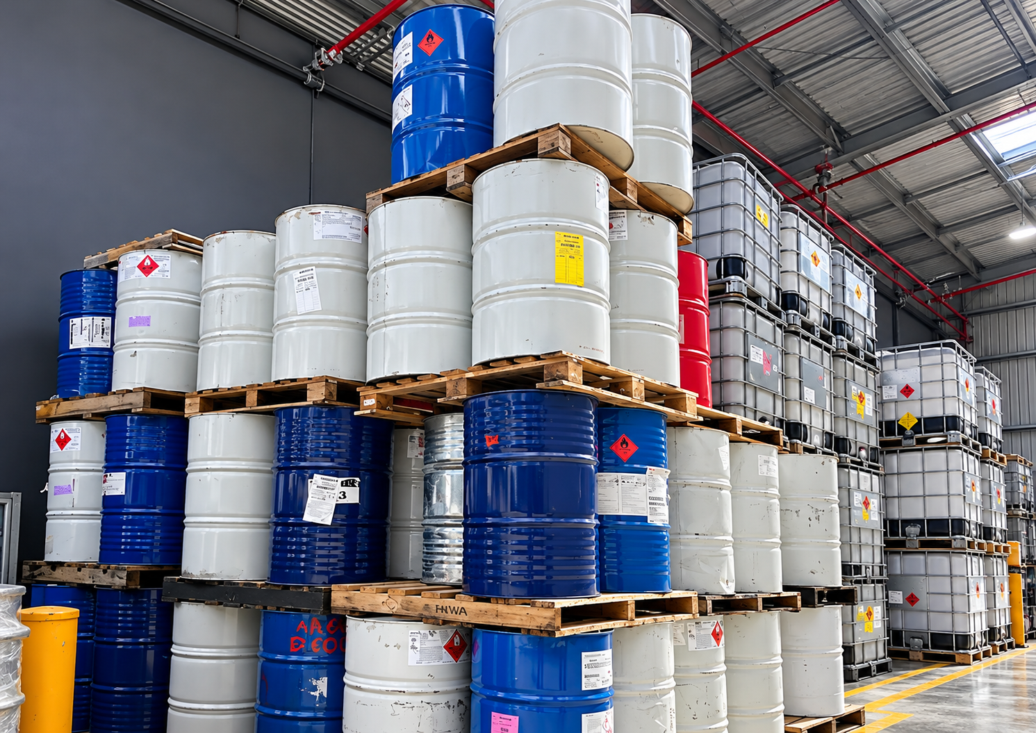 Chemical waste drums stacked inside a warehouse.